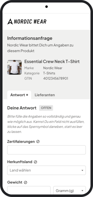 Eine Anfrage, wie der Lieferant sie auf dem Handy sieht: das Logo der Marke, das Produkt und darunter die Fragen