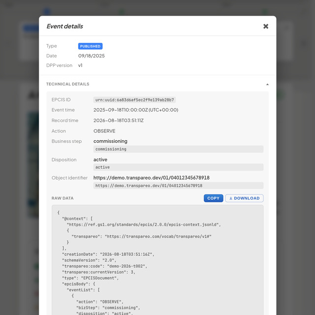 Padidinti paveikslėlį Įvykis su jo EPCIS duomenimis